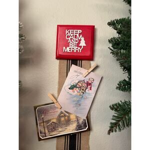 Holiday Card Holder Red Wooden Topper Keep Calm Be Merry Burlap Ribbon